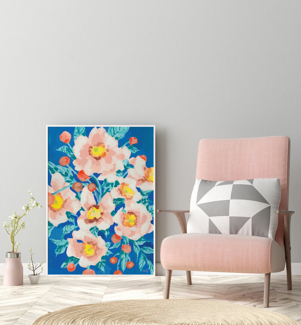 Cobalt Blue With Anemons By Ania Zwara Botanical Art Prints Floral Paintings in White Plain Frame placed on the floor near a Grey Colored Wall in the Drawing Room