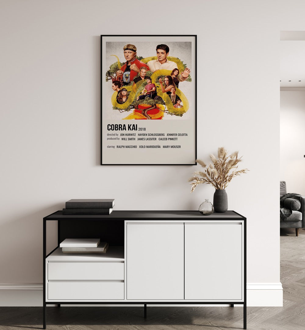 Cobra Kai 2018 Movie Posters in Black Plain Frame hanging on wall above console table