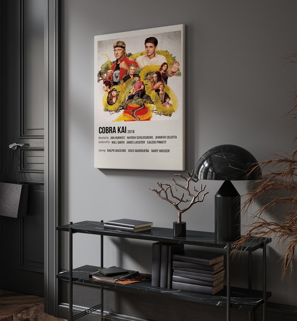 Cobra Kai 2018 Movie Posters in Gallery Wrap hanging on wall above console table beside door and window