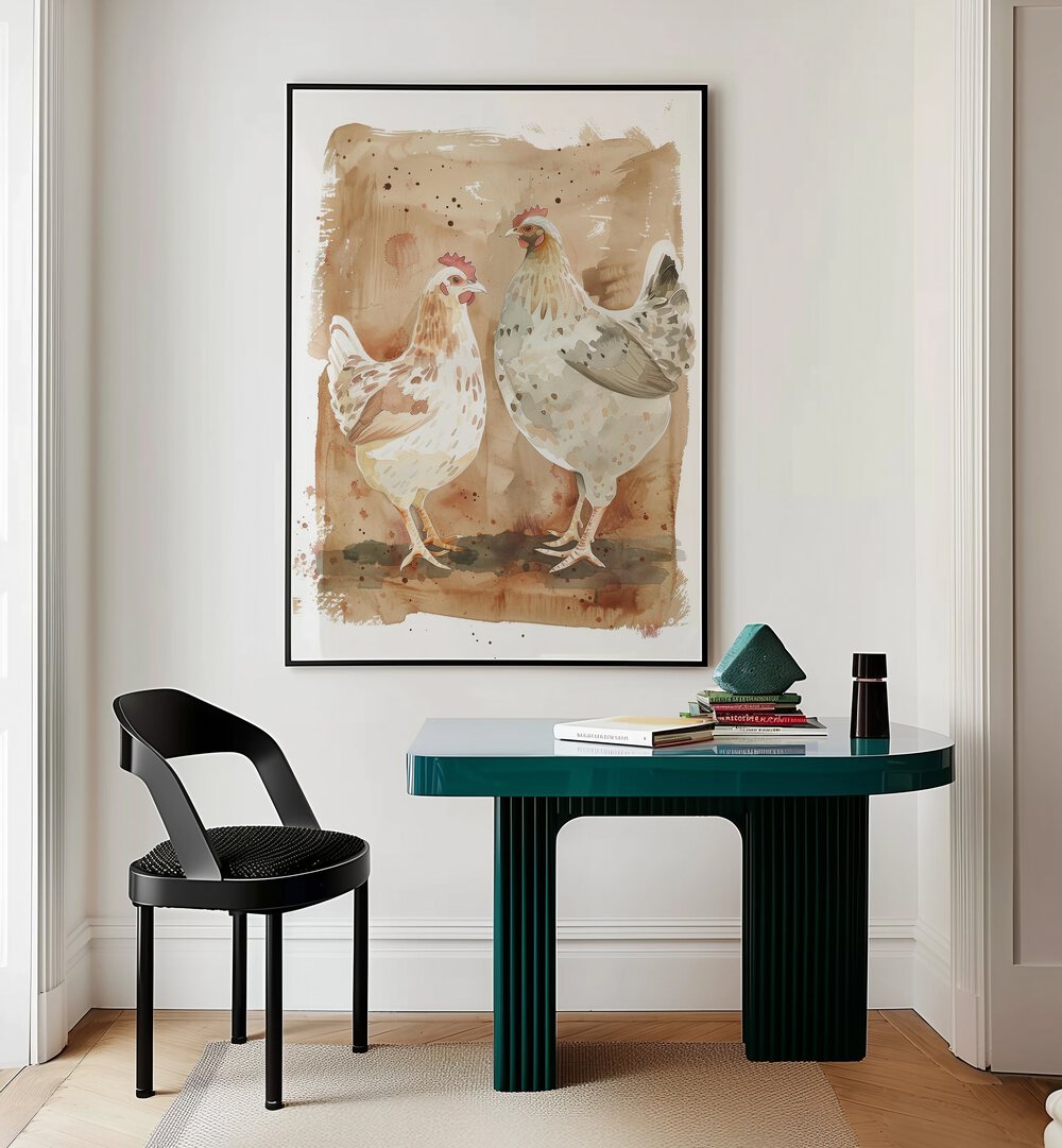 Cock-a-doodle Duo I Kids Room Paintings Kids Room Wall Art in Black Plain Frame placed on a wall behind a study table