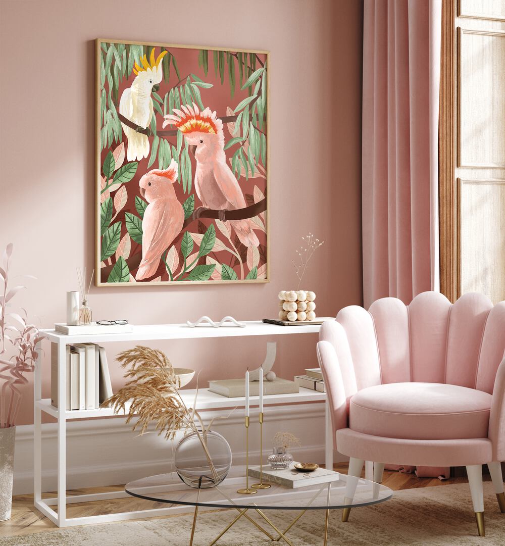 Cockatoos By Goed Blauw Kids Room Paintings Kids Room Wall Art in Oak Wood Plain Frame placed on a Pink Colored Wall above a Table in the Drawing Room