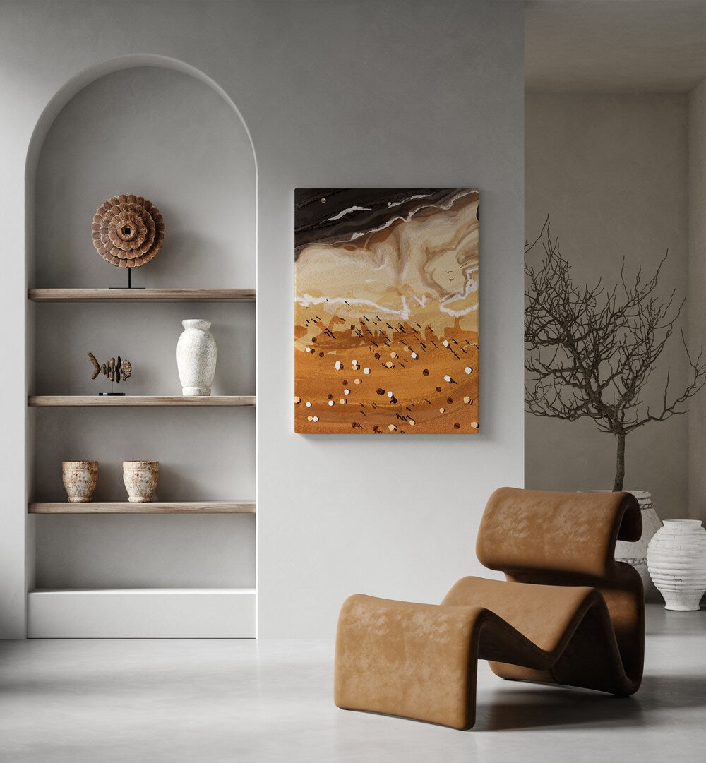 Coffee Beach By Uma Gokhale Landscape Paintings in Gallery Wrap on a wall beside a sofa