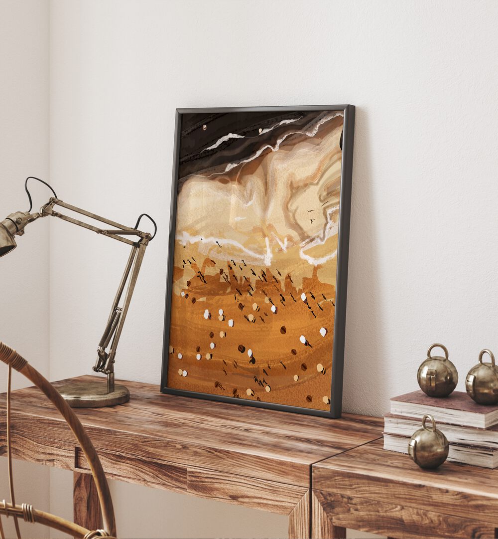 Coffee Beach By Uma Gokhale Landscape Paintings in Oak Wood Plain Frame on a table beside a table lamp