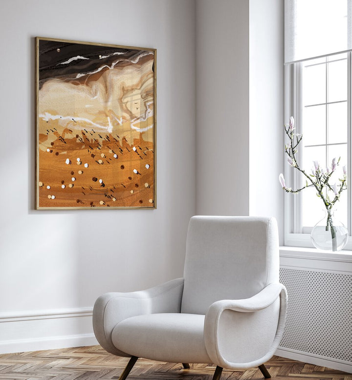 Coffee Beach By Uma Gokhale Landscape Paintings in Oak Wood Plain Frame on a white wall beside a sofa