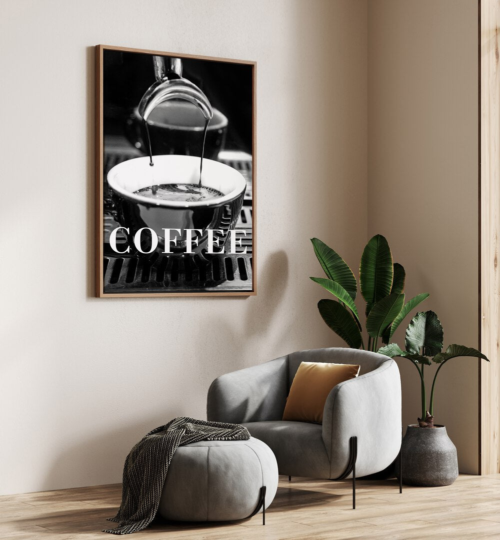 Coffee Black By 1 X Studio Cafe Art Prints Cafe Posters in Oak Wood Plain Frame placed on a Cream Colored Wall in the Drawing Room