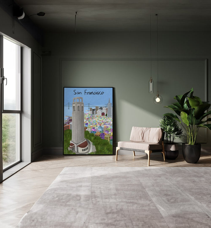 Coit Tower by Carla Daly Travel Posters in Black Plain Frame placed on the floor between a sofa and a window