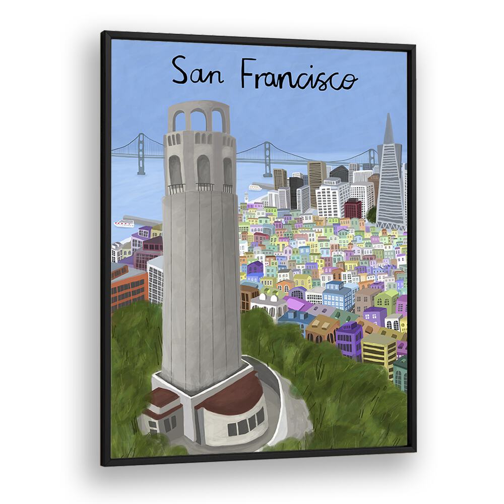 Coit Tower by Carla Daly Travel Posters in Black Plain Frame