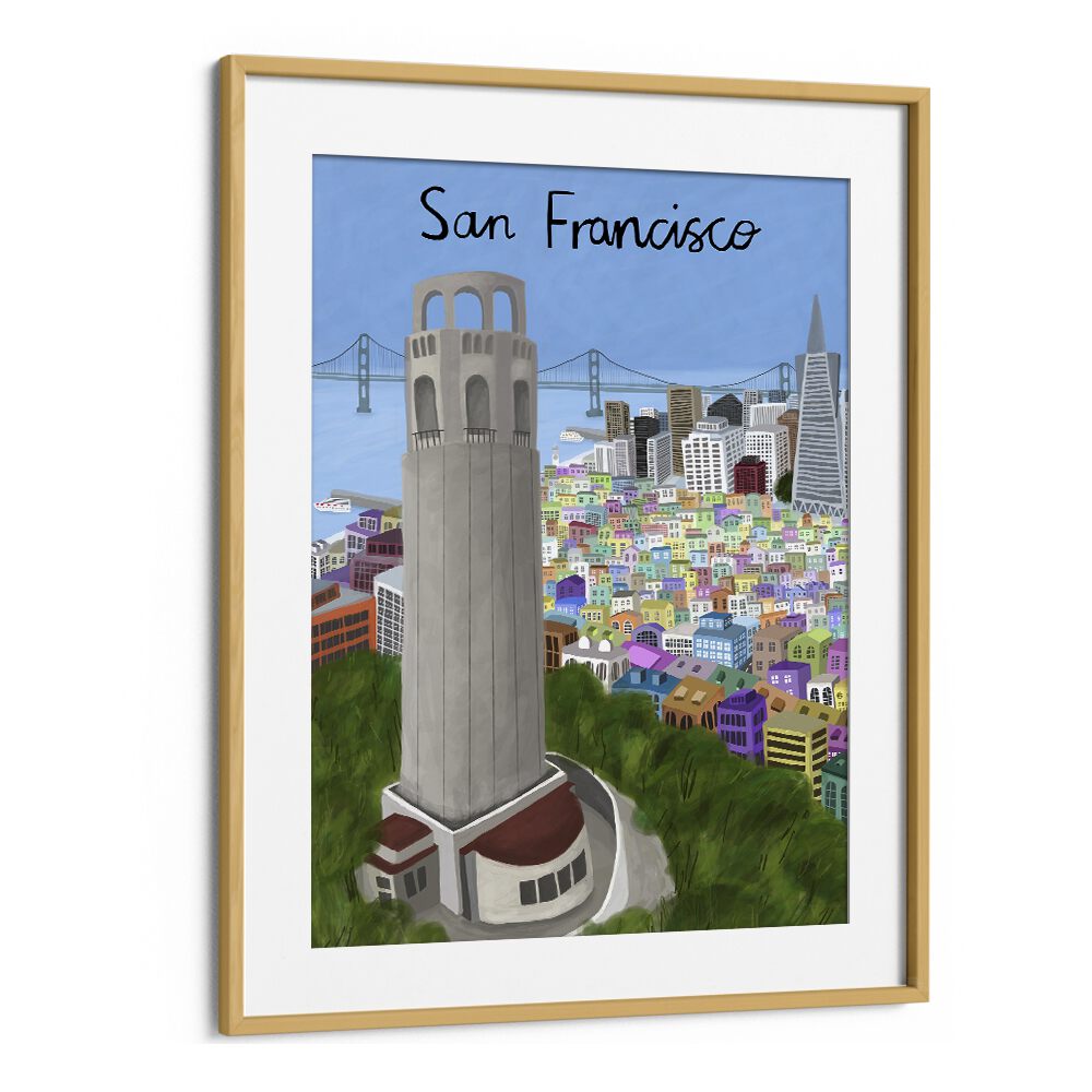 Coit Tower by Carla Daly Travel Posters in Oak Wood Frame With Mount