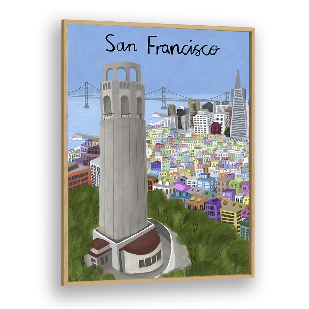 Coit Tower by Carla Daly Travel Posters in Oak Wood Plain Frame