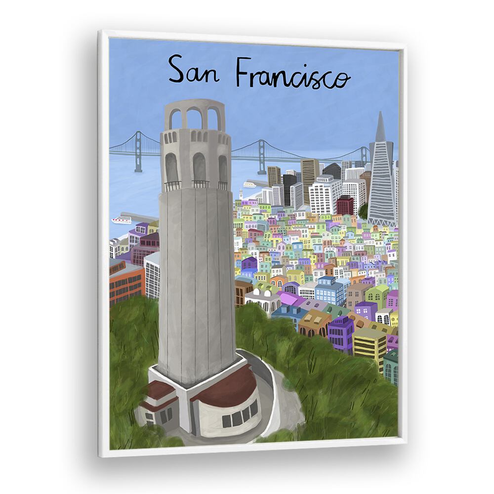 Coit Tower by Carla Daly Travel Posters in White Plain Frame