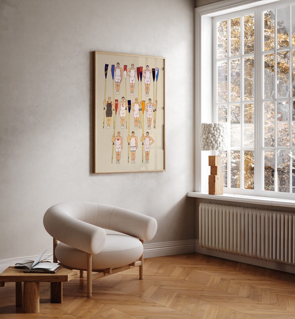 College Crews Ca. 1908 Vintage Paintings in Oak Wood Plain Frame placed on a wall between a window and a chair