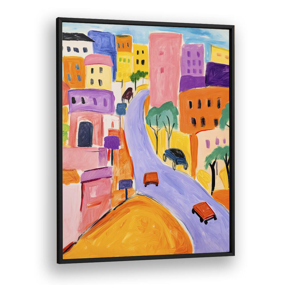 Color City  Kids Paintings in Black Plain Frame