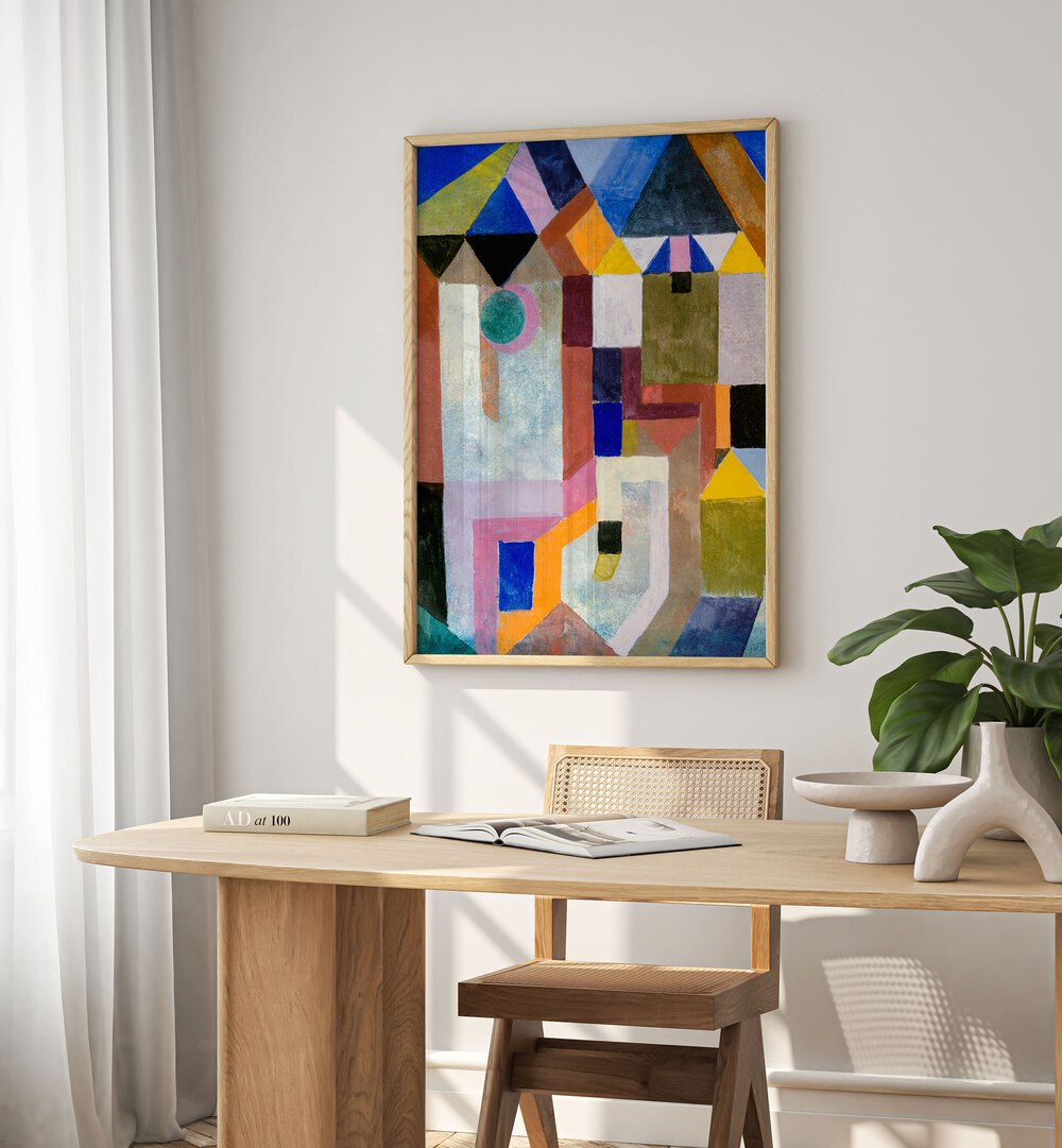 Colorful Architecture 1917 Vintage Paintings in Oak Wood Plain Frame placed on a wall behind a study table