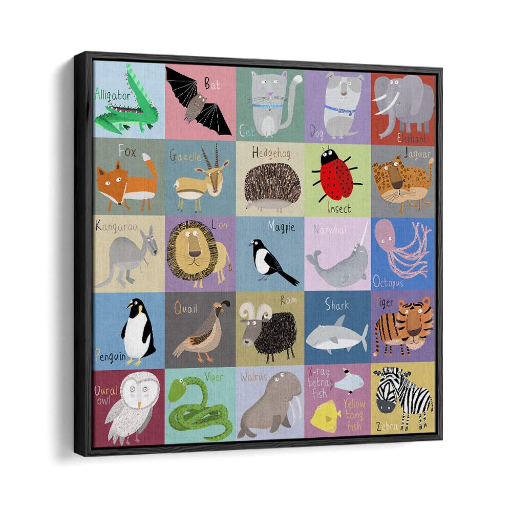 Colorful Chequered Animal Alphabet By Carla Daly Kids Painting in Black Floater Frame