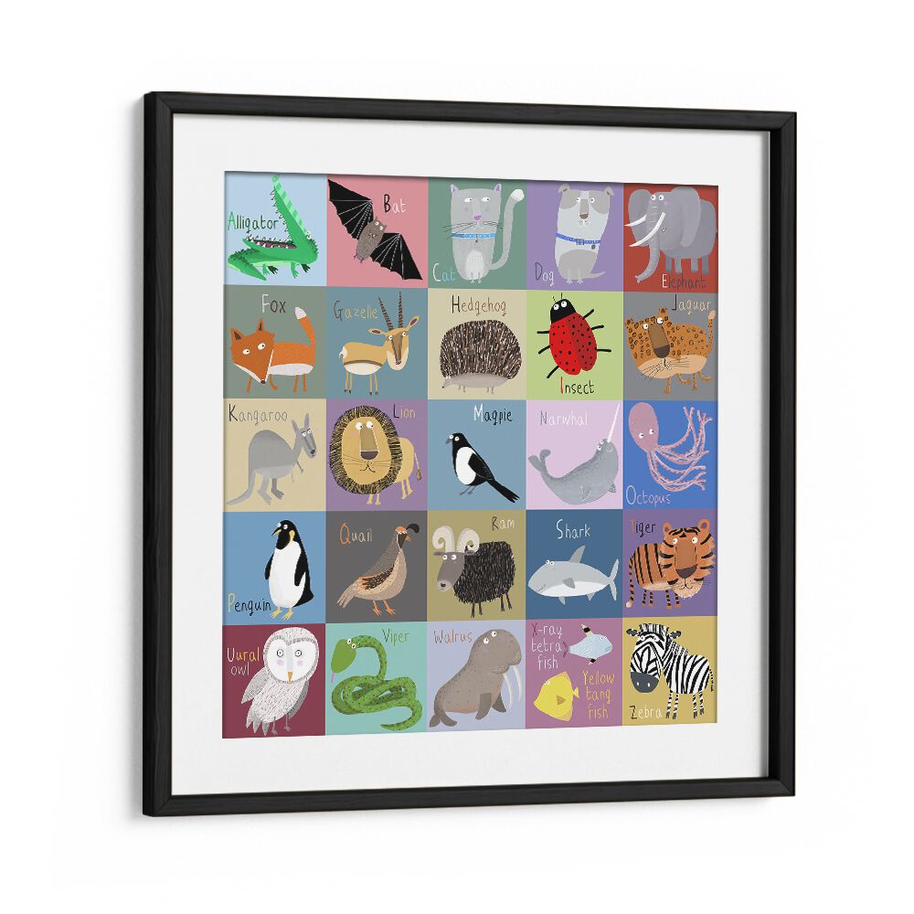 Colorful Chequered Animal Alphabet By Carla Daly Kids Painting in Black Frame With Mount