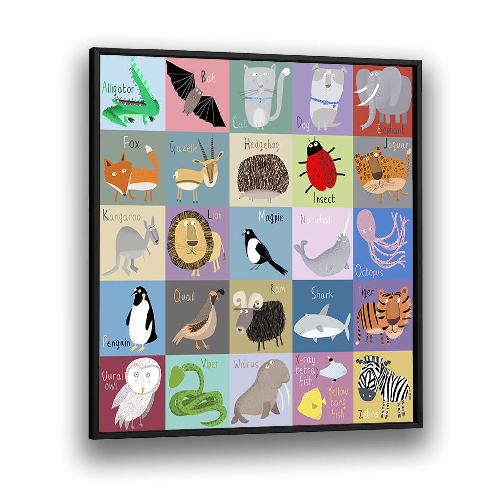 Colorful Chequered Animal Alphabet By Carla Daly Kids Painting in Black Plain Frame