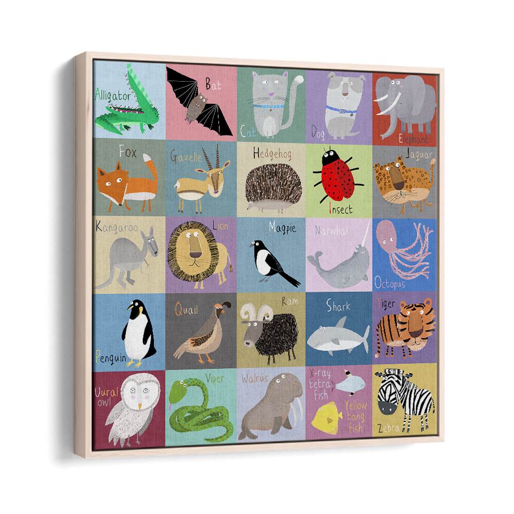 Colorful Chequered Animal Alphabet By Carla Daly Kids Painting in Oak Wood Floater Frame