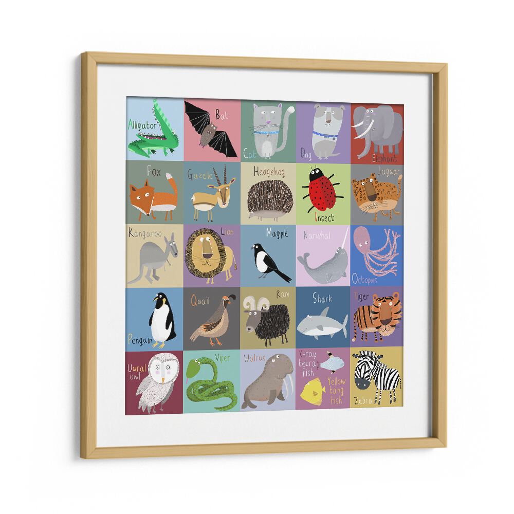 Colorful Chequered Animal Alphabet By Carla Daly Kids Painting in Oak Wood Frame With Mount