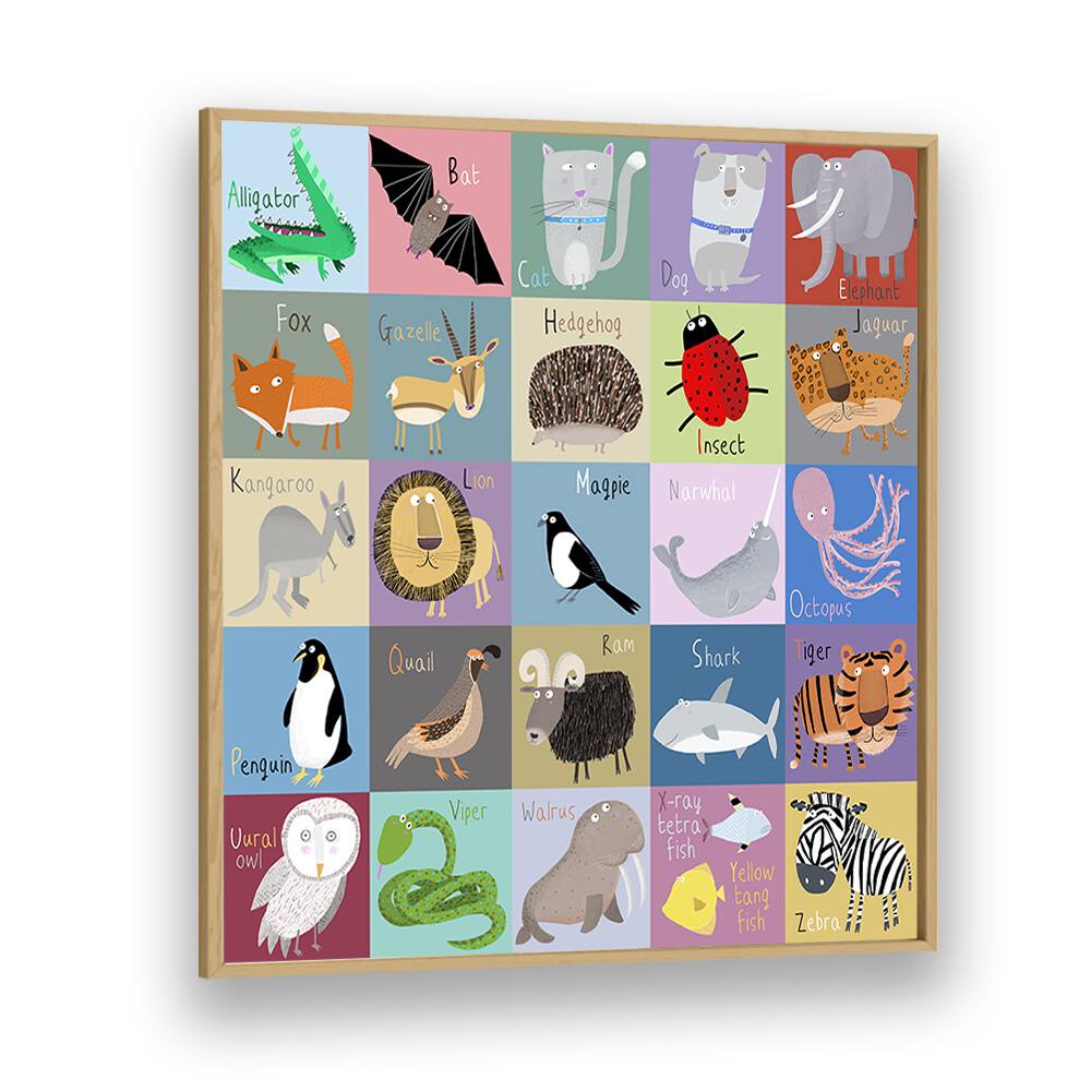 Colorful Chequered Animal Alphabet By Carla Daly Kids Painting in Oak Wood Plain Frame