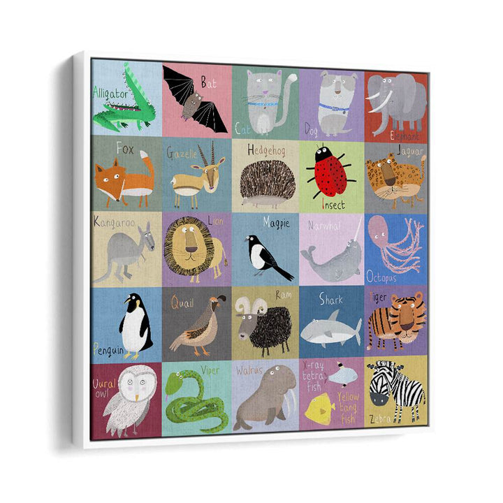 Colorful Chequered Animal Alphabet By Carla Daly Kids Painting in White Floater Frame