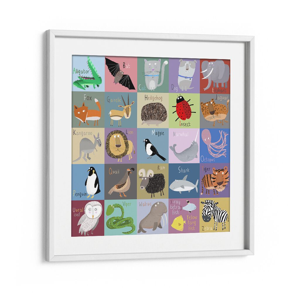 Colorful Chequered Animal Alphabet By Carla Daly Kids Painting in White Frame With Mount