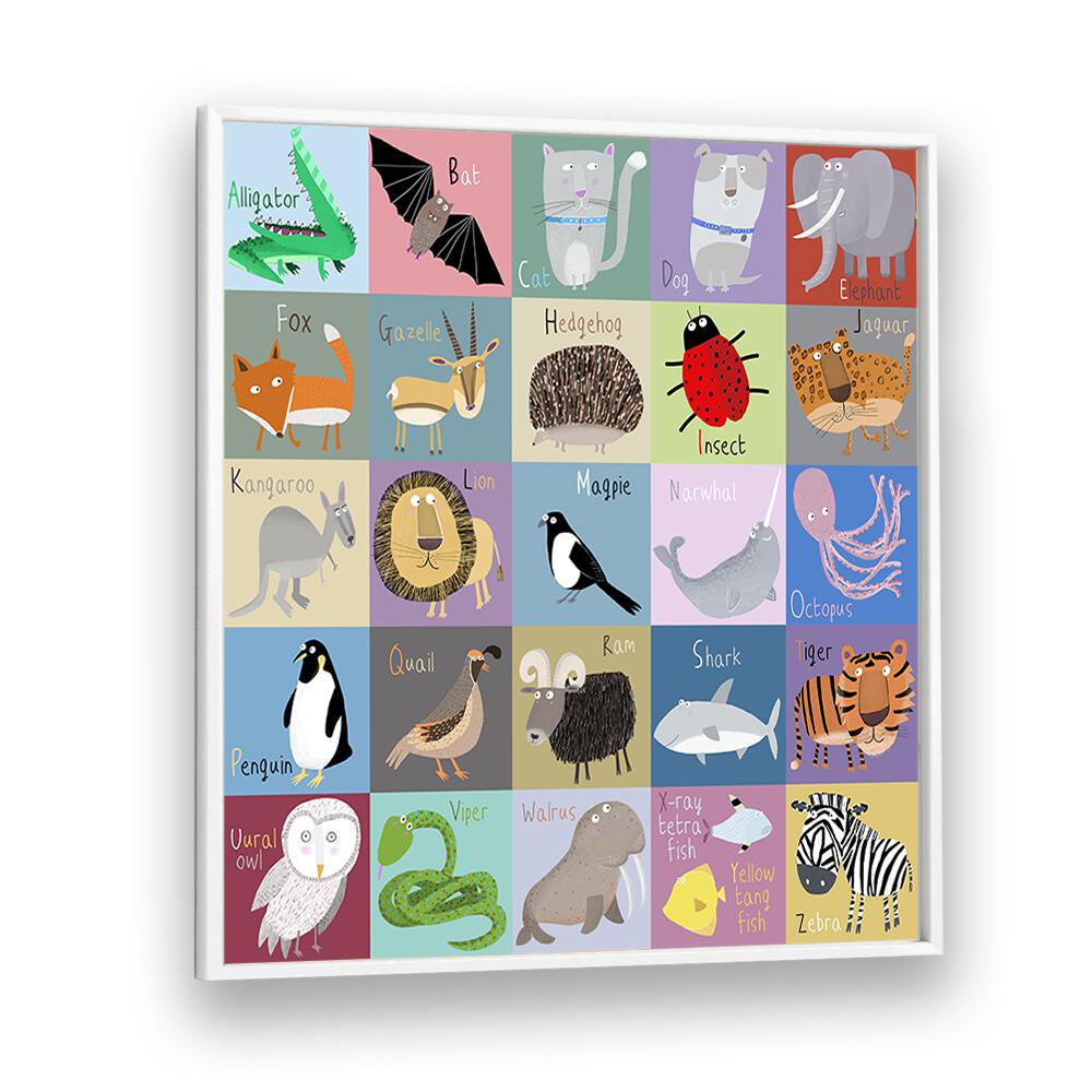 Colorful Chequered Animal Alphabet By Carla Daly Kids Painting in White Plain Frame