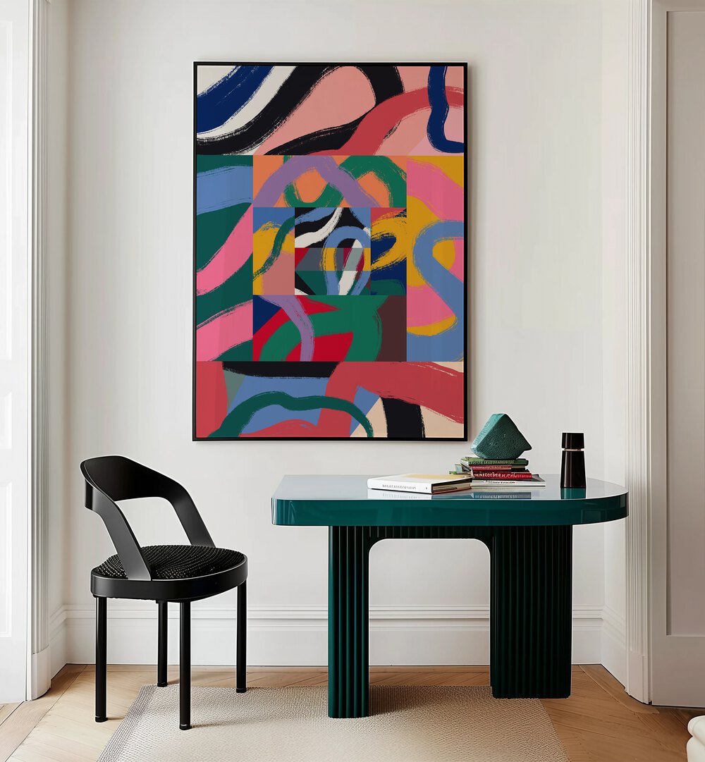 Colorful Line Ribbon Abstract By Little Dean Abstract Art Abstract Paintings in Black Plain Frame placed on a Cream Colored Wall near a Workspace Table in the Drawing Room