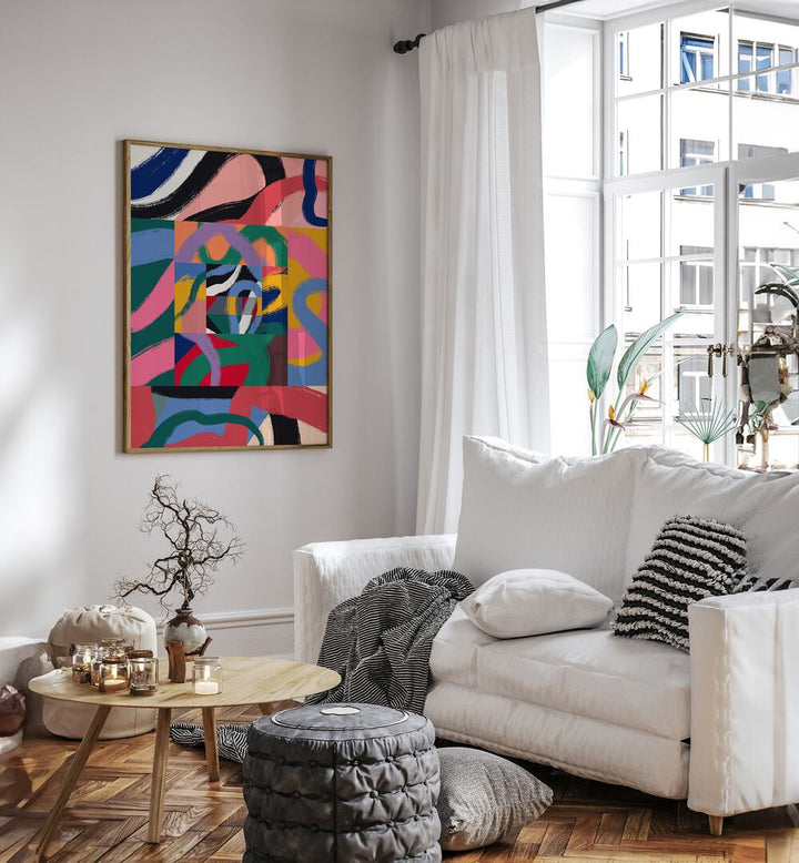 Colorful Line Ribbon Abstract By Little Dean Abstract Art Abstract Paintings in Oak Wood Plain Frame placed on a White Colored Wall near a White Sofa in the Living Room 