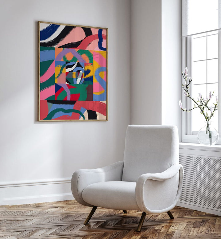 Colorful Line Ribbon Abstract By Little Dean Abstract Art Abstract Paintings in Oak Wood Plain Frame placed on a White Colored Wall in the Drawing Room