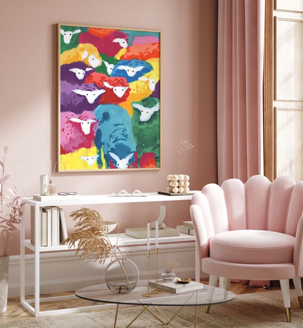 Colorful Sheep Cocktail By Ania Zwara Kids Room Paintings Kids Room Wallart in Oak Wood Plain Frame placed on a Pink Colored Wall above a Console Table in the Drawing Room