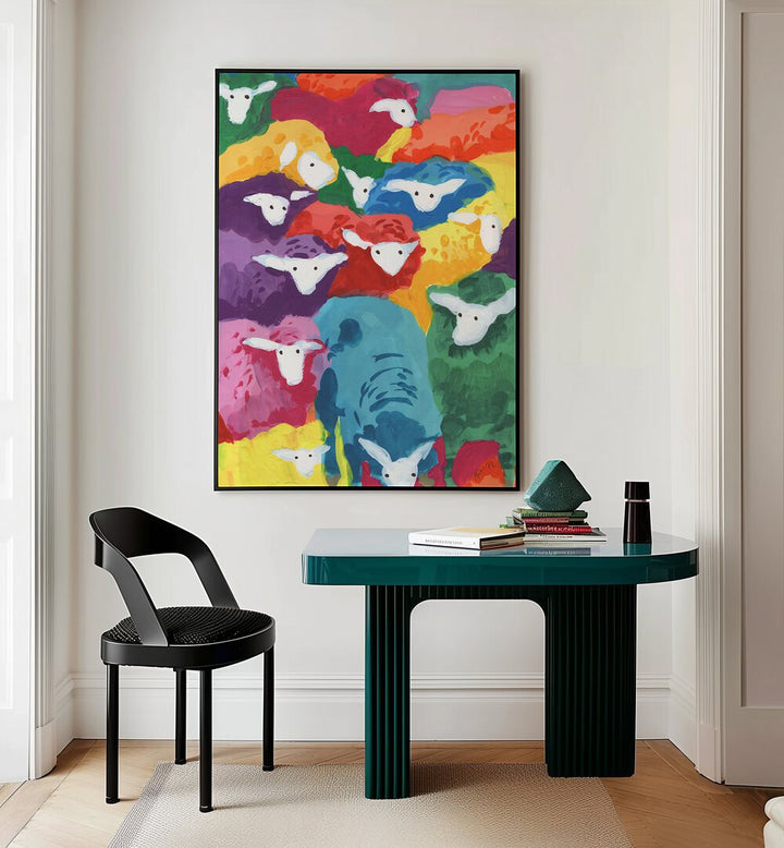 Colorful Sheep Cocktail By Ania Zwara Kids Room Paintings Kids Room Wallart in Black Plain Frame placed on a Cream Colored Wall near a Table in a Workspace in the Drawing Room