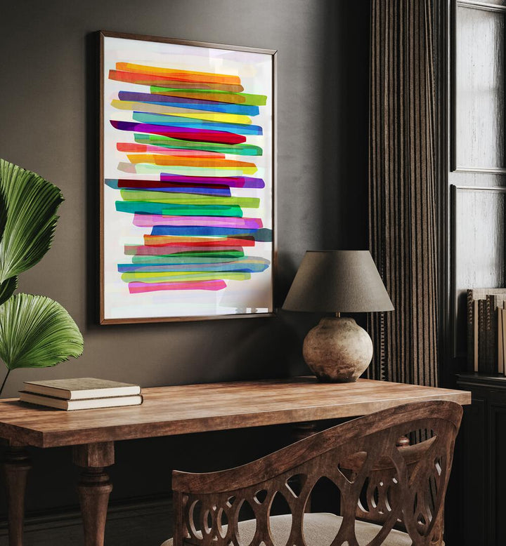 Colorful Stripes I By Mareike Bohmer Abstract Art Abstract Paintings in Dark Wood Plain Frame placed on a Brown Colored Wall near a Study Table in the corner in the Drawing Room