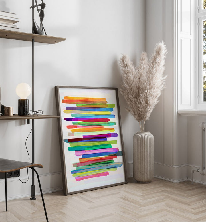 Colorful Stripes I By Mareike Bohmer Abstract Art Abstract Paintings in Dark Wood Plain Frame placed on the floor near a White Colored Wall in the Drawing Room