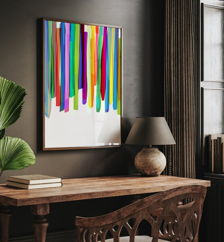 Colorful Stripes II By Mareike Bohmer Abstract Art Abstract Paintings in Dark Wood Plain Frame placed on a Brown Colored Wall near a Study Table in the Corner in the Drawing Room