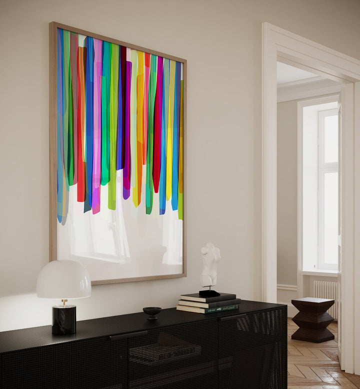 Colorful Stripes II By Mareike Bohmer Abstract Art Abstract Paintings in Oak Wood Plain Frame placed on a Cream Colored Wall above a Black Console Table in the Drawing Room