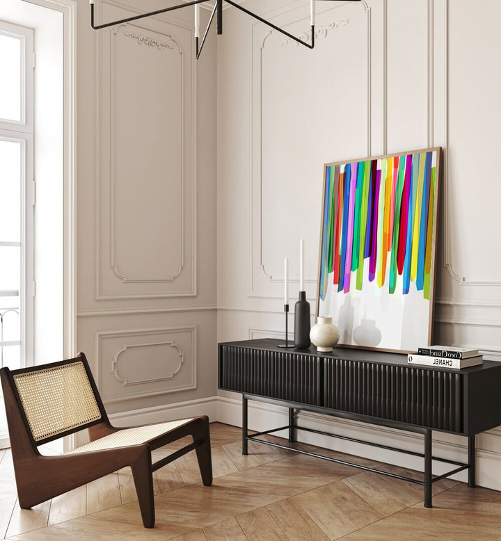 Colorful Stripes II By Mareike Bohmer Abstract Art Abstract Paintings in Oak Wood Plain Frame placed on a Console Table near a White Colored Wall in the Drawing Room