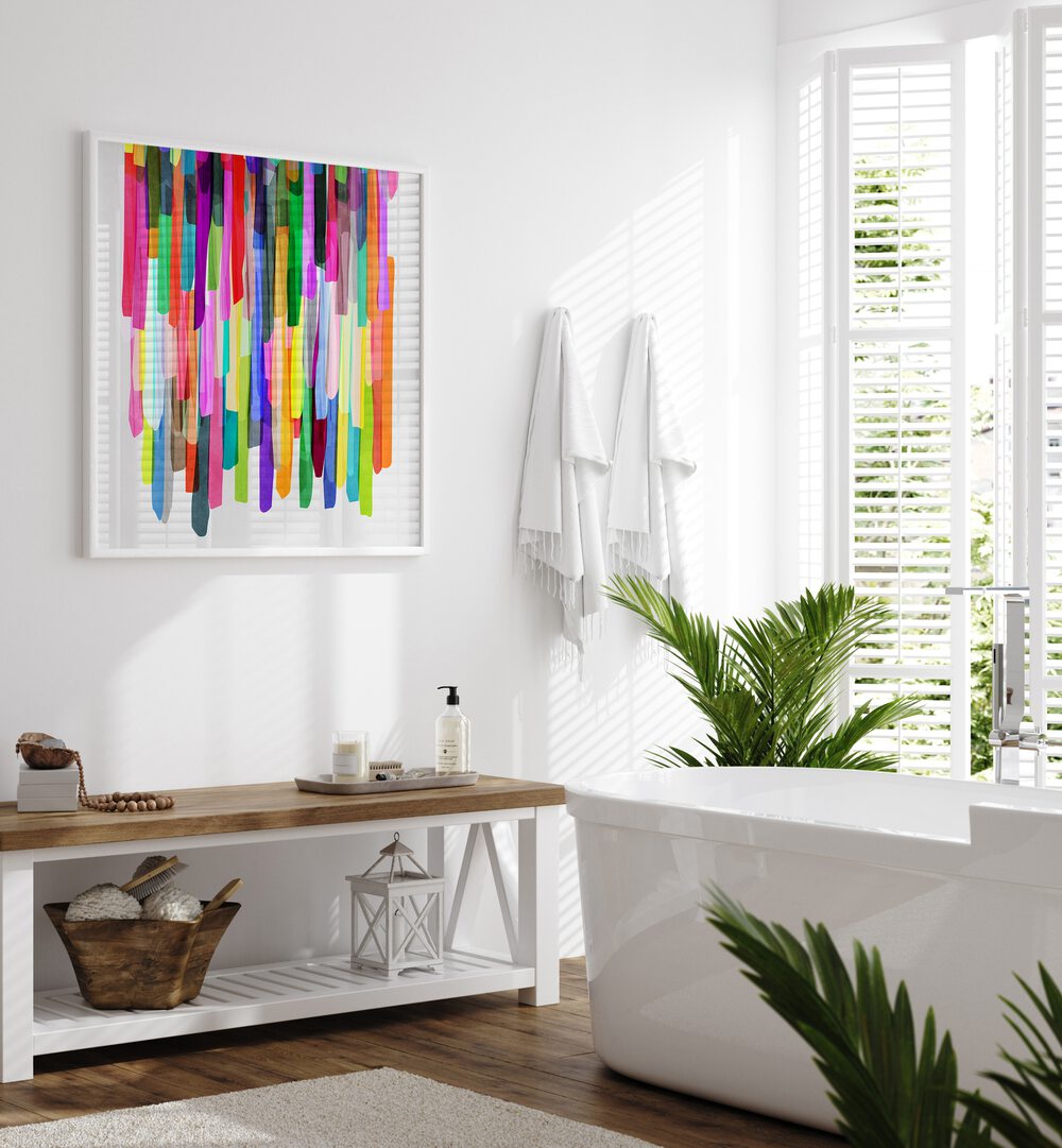Colorful Stripes IV By Mareike Böhmer Abstract Art Abstract Paintings in White Plain Frame placed on a White Colored Wall near a Bathtub in the Bathroom