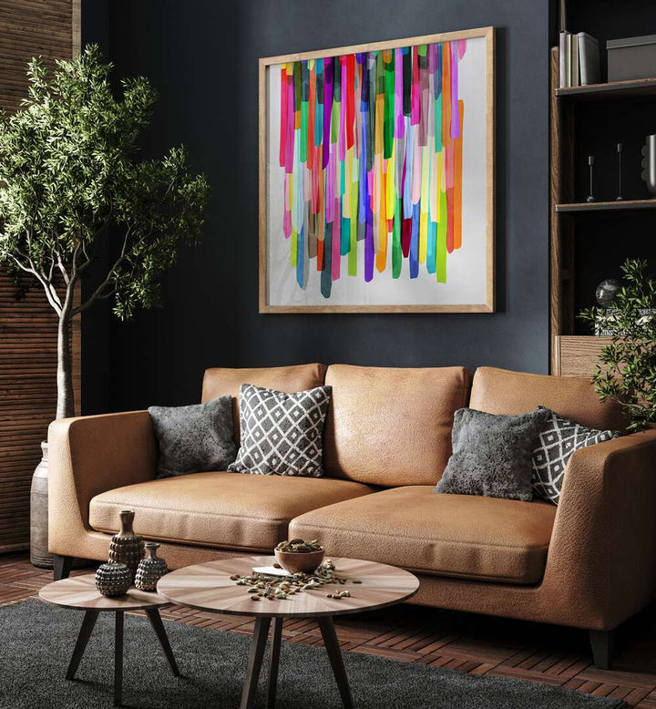 Colorful Stripes IV By Mareike Böhmer Abstract Art Abstract Paintings in Oak Wood Plain Frame placed on a Dark Grey Colored Wall in the Living Room