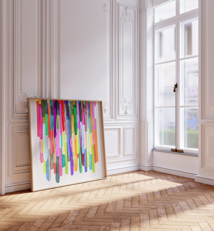 Colorful Stripes IV By Mareike Böhmer Abstract Art Abstract Paintings in Oak Wood Plain Frame placed on the floor near a White Colored Wall in the Drawing Room 