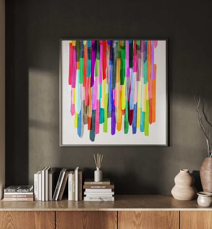Colorful Stripes IV By Mareike Böhmer Abstract Art Abstract Paintings in Black Plain Frame placed on a Dark Grey Colored Wall above a Console Table