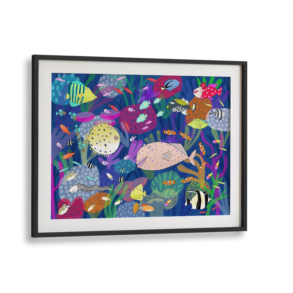 Colorful Tropical Fish Illustration By Carla Daly Kids Room Art in Black Frame With Mount