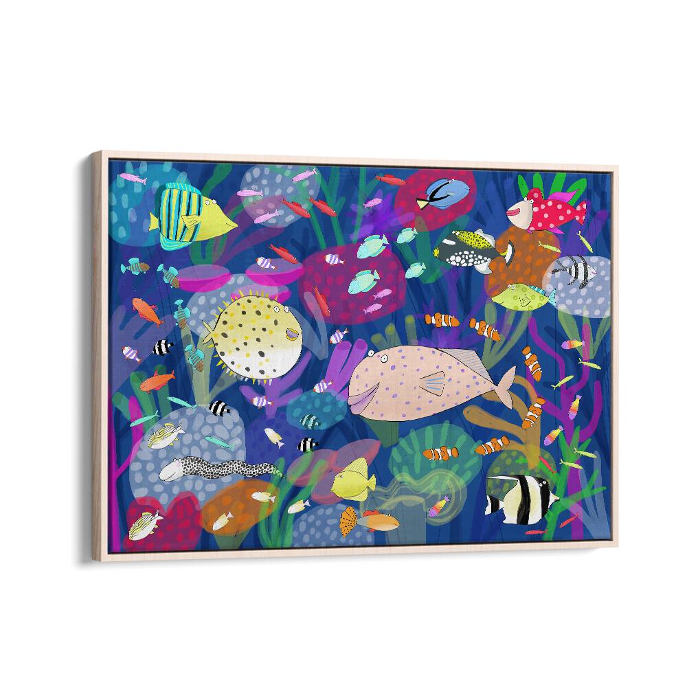 Colorful Tropical Fish Illustration By Carla Daly Kids Room Art in Oak Wood Floater Frame