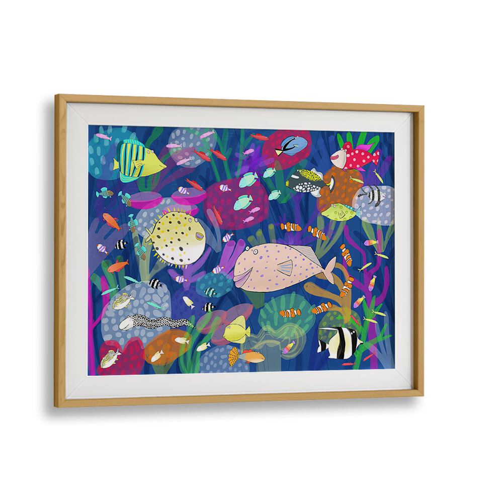 Colorful Tropical Fish Illustration By Carla Daly Kids Room Art in Oak Wood Frame With Mount