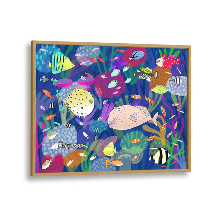 Colorful Tropical Fish Illustration By Carla Daly Kids Room Art in Oak Wood Plain Frame