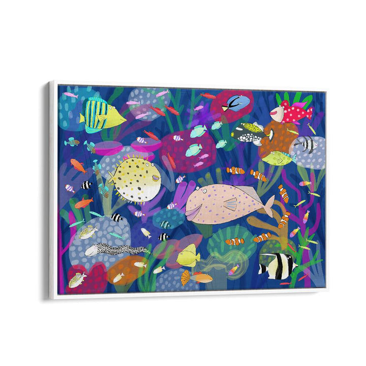 Colorful Tropical Fish Illustration By Carla Daly Kids Room Art in White Floater Frame