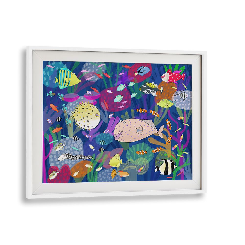 Colorful Tropical Fish Illustration By Carla Daly Kids Room Art in White Frame With Mount