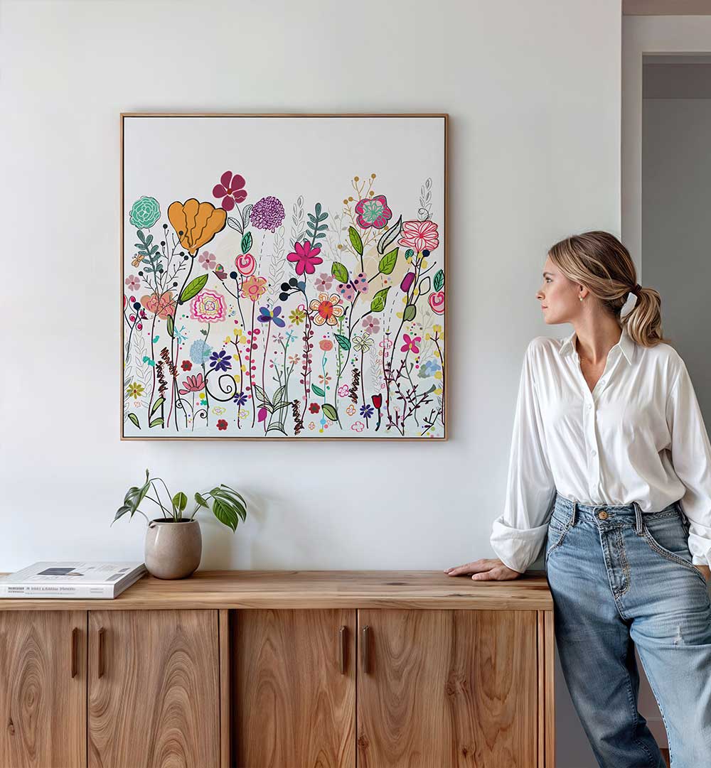 COLORFUL WILDFLOWERS , KIDS ROOM PAINTINGS framed whimsical wildflower canvas in pastels above a wooden sideboard