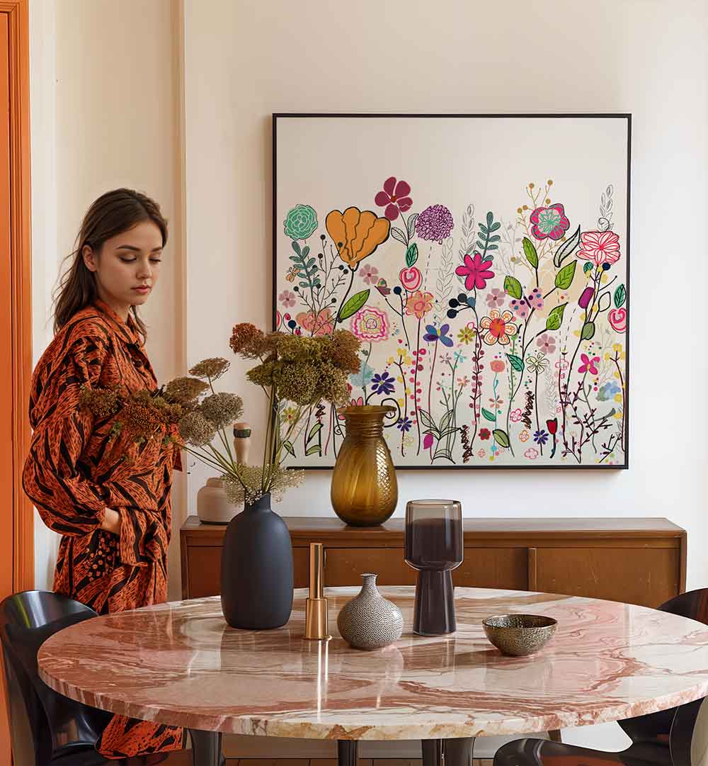 COLORFUL WILDFLOWERS , KIDS ROOM PAINTINGS framed on wall showing playful pastel blooms and stems above a marble table