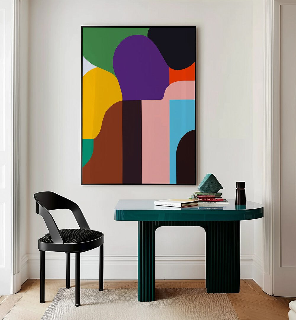 Colour Moods Abstract Paintings Abstract Art Prints in Black Plain Frame placed on a Cream Colored Wall near a Table in a Workspace in the Drawing Room