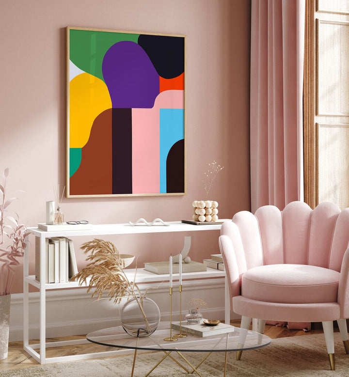 Colour Moods Abstract Paintings Abstract Art Prints in Oak Wood Plain Frame placed on a Pink Colored Wall above a Console Table in the Drawing Room